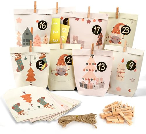 Adventskalender zum Befüllen Set,Geschenkidee für Familie,Kinder,Erwachsene | mit 24 Weihnachts-Papiertüten, Juteseil, Aufkleber& Holzklammern - Tradition und Vorfreude selbst gestalten