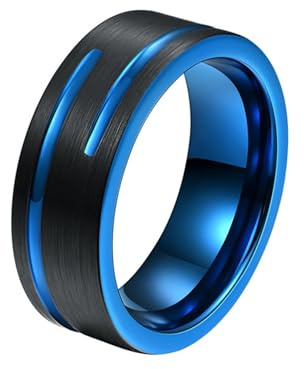 Wycian Ring Damen 70, Wolfram Ring Partnerringe Schwarz Blau Matt Gebürstete 8-Mm-Rille Personalisiert für Mutter Geburtstag