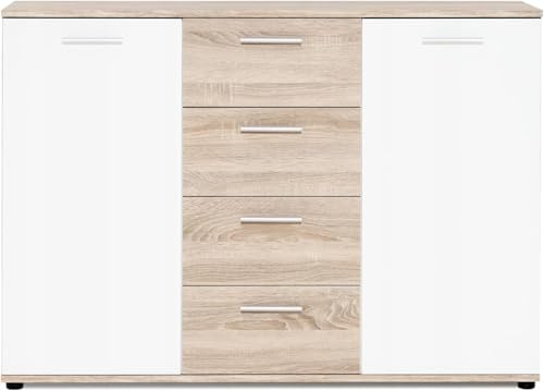 MEBLOHAND Kommode 120x35x85 cm - Sideboard Jacky II mit 4 Schubladen und 2 Türen, Laminierter Platte - Wohnzimmerkommode Weiß/Sonoma Eiche