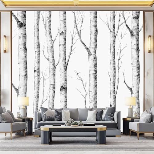 Générique Papier peint intissé Noir Et Blanc Plantes Bouleau – 350 x 256 cm (W x H), décorative papier peint panoramique pour salon, chambre ou chambre d’enfant