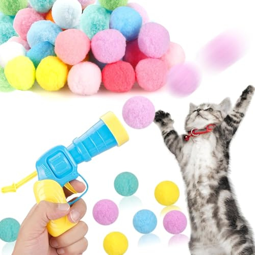 Katzenspielzeug Ball Pistole, Katzenspielzeug Launcher-Set mit 30 Bällen: Interaktives & leises Spielzeug für Katzen. Sicher mit 3 cm Filzbällen. Ideal für Training, Bewegung und Unterhaltung von Haus