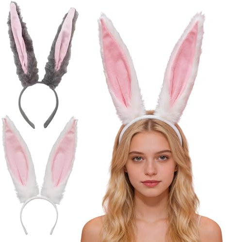 XEERUN 2 Stück Hasenohren Haarreif, Plüsch Hase Ohren Haarbänder, Oster Hasenohren für Kinder Frauen, Bunny Zubehör Tier Kostüm Set für Ostern, Karneval, Halloween, Cosplay (Grau & Weiß)