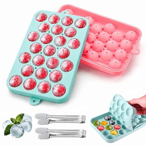 Set de 2 Silicona Cubiteras para Hielo con Tapa Redondo 25 Bolas de Hielo | Bandeja de Cubitos Hielo Reutilizables Bandejas Apilables 2 Clips de Acero Inoxidable para Enfriar Whisky Cócteles Café