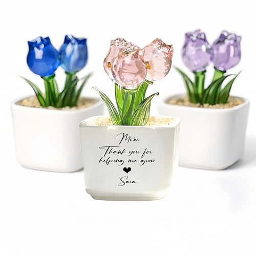 GYSLVTE Personalised Glass Tulip Flower with Custom Message, Hand Blown Glass Flower in Ceramic Pot, Mother’s Day Keepsake Decoration, Personalised Tulip for Mum Nan Wife (PINK TRANSPARENT)