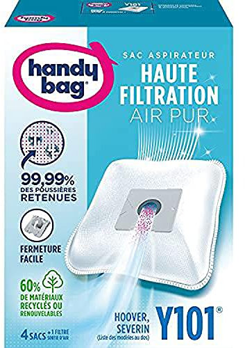 Handy Bag - Sacs aspirateur Y101 x4sacs - Compatibles Hoover, Severin - 99,99% des poussières retenues - Fermeture facile - Filtre anti-allergène - 60% de matériaux recyclés