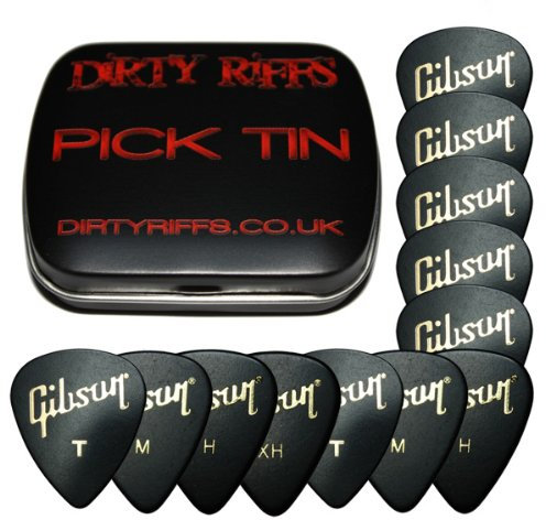 Gibson Lot de 12 médiators pour guitare Gibson Standard dans une boîte métallique - 3 de chaque taille