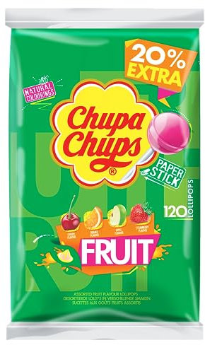 Chupa Chups Fruit Lutscher-Beutel, Nachfüll-Beutel enthält 120 Frucht-Lollis in 4 Geschmacksrichtungen Apfel, Erdbeere, Orange, Kirsche, geeignet für Geburtstag, 120 x 12g