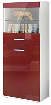 Vladon Vitrine Almada, Made in Germany, Standvitrine mit 2 Türen, 4 Fächern und 1 Glaseinsatz, Weiß matt/Bordeaux Hochglanz (53 x 125 x 30 cm)