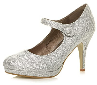 Ajvani Womens Ladies mid high Heel Mary Jane Strap Evening Court Shoes Pumps, 7 UK, Silver,Silver Mesh Glitter