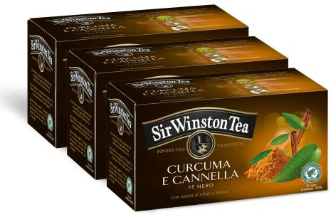 Sir Winston Tea, Tè Nero Curcuma Cannella, 60 Filtri (3 Confezioni da 20 Filtri), Gusto Dolce e Speziato, Certificato RFA, Senza Lattosio, Glutine e Allergeni, Vegan
