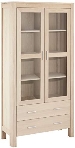 Ibbe Design Natur Massiv Eiche Vitrine Landhausstil Vitrineschrank Paris mit Glastüre und 2 Schubladen, Weißöl-Finish, L100xB42xH190cm