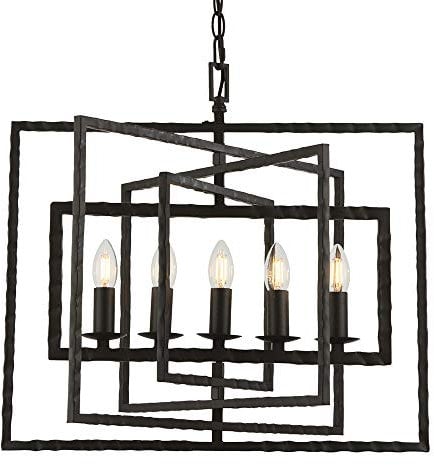 Multi Light Ceiling Pendant – 5 Bulb Aged Hammered Pewter Steel – Height Adjustable Chain Vintage 40W E14 Candle Fitting – Metal Frame Candelabra Square Lamp Holder – LED Compatible
