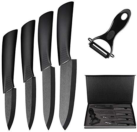 Ballery Set Coltelli da Cucina, Coltelli Ceramica Cucina Professionale Chef Coltello da Cucina, Coltelli Ceramica con Guaina Protettiva, Nera Set di 5
