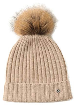SANSUILOKE 100% Kaschmir Strickmütze für Frauen Pelz Pom Pom Mütze für Damen Cuffed Beanie Pure Cashmere Strickmützen für kaltes Wetter, beige, Einheitsgröße