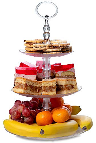 KADAX - Estantería de plástico, 3 Niveles, Soporte de Servicio, Cesta de Frutas para Tartas, Frutas, Muffin, Galletas, Queso, cumpleaños, Fiesta, Cuenco de Frutas con asa, Plato, Transparente