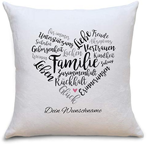 OWLBOOK Familie Herz Flauschiges Kissen mit Spruch Personalisiert mit Namen Geschenke Geschenkideen für die Familie zum Geburtstag Zierkissen mit Füllung