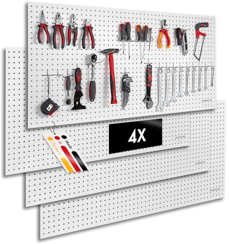 Pegboard 4 St. Werkzeugwand aus Holz (MDF) 120 x 60 x 0,5 cm - Lochung Ø7 mm Lochabstand 25,4 mm - weiß lackiert - Made in Germany
