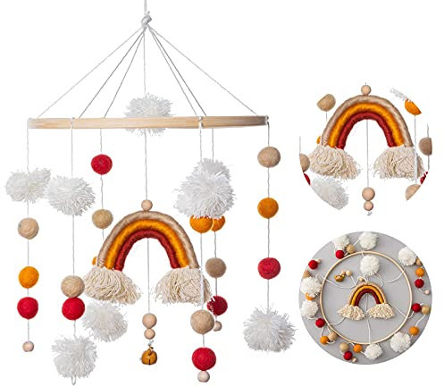 Promise Babe Mobile Baby Regenbogen Holz mit Filzbälle Babyzimmer Bettglocke Gehäkelt Filz Rot Windspiel Neugeboren Jungen Mädchen Anhänger Babybett Wickeltisch Deko Rainbow Bed Bell