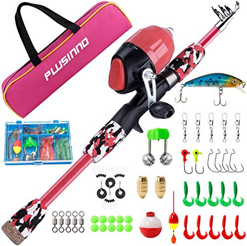 PLUSINNO Angel Set für Kinder,Angelset Kinder,Angelrute Set Kinder mit Angelrolle und Köder Set (Rosa, 1.5M)