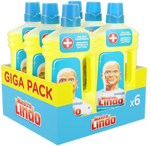 Mastro Lindo Detersivo Pavimenti, Liquido Multiuso, 6 Confezioni (6 x 950 ml), Limone, Maxi Formato, Pulito Brillante con Poco Sforzo, Efficace Multisuperficie