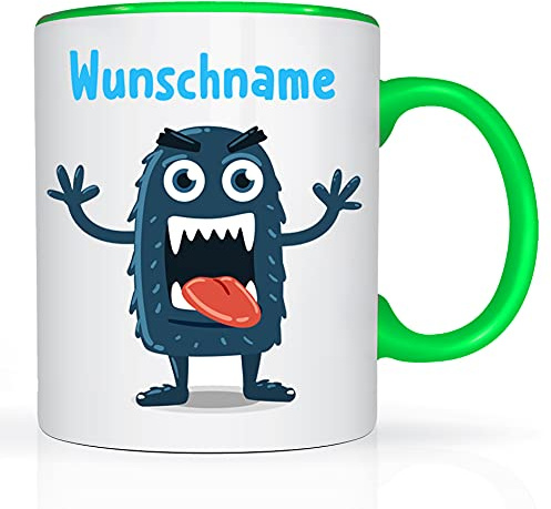 Print-Klex Tasse mit Namen und Monster Schreck Motiv Bedruckt Namenstasse Namensbecher Monster für Jungen Kindertasse Keramiktasse Weiß/Grün Geschenktasse Spruchtasse mit Druck Kinder Tasse 330ml