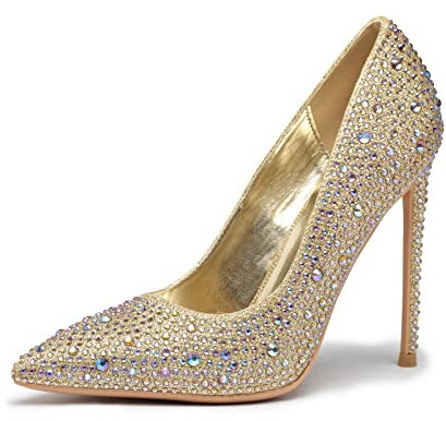 DELONIX REGIA Zapatos de Tacón para Mujer Clásico Stilettos High Heels 12 CM Zapatos de Tacón Alto con Punta Aguda Cerrada Tacón de Aguja para Fiestas,Bodas Oro EU40.5