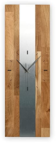 Designer-Wanduhr Silver Stripe lautlose Funkuhr oder Quarzuhr aus Massivholz Buche oder Eiche analog ohne Tickgeräusche 60x20cm metallic modern Luxus Made in Germany (Funkuhrwerk, Eiche)