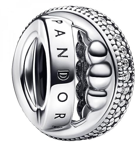 PANDORA Signature Logo Pavé & Perlen Charm in der Farbe Silber aus Sterling-Silber mit Cubic Zirkonia - Größe: 9,8 mm H, 792317C01