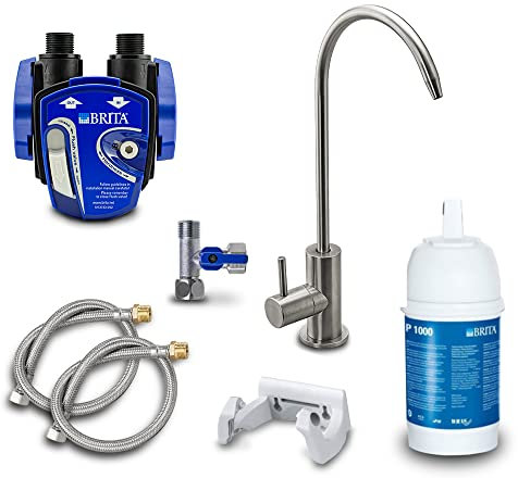 AORA | Untertisch-Wasserfilter: Wasserfilter-System inkl. 1-Weg-Wasserhahn SOFIA Edelstahl | kompatibel mit BRITA Filter P1000 und Filter-Kopf | Ideal für Kaffeemaschine +Wasserkocher | Reduziert Kalk