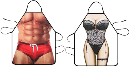 GZGXKJ 2Pcs Tablier de Cuisine Drôle Tabliers pour Barbecue 80 * 60cm | 3D Muscle Man Bikini Ladies, Tablier Cuisine Creatif, Tabliers de Cuisine Homme Comme Cadeau, Pour Homme ou Petit Ami