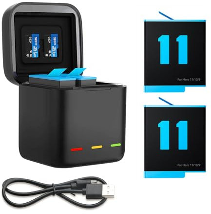 AuyKoo Hero 11 Caricabatterie e 2 Batterie, Batterie Ricambio da 1750 mAh e Scatola di Ricarica per GoPro 9 10 11, Caricabatterie Veloce + 2 Batterie con Cavo USB Type-C per GoPro Hero 11 10 9 Black