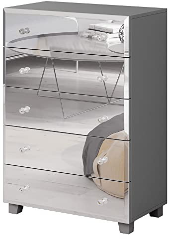 Highboard Kommode mit Spiegel Fronten weiß, mit 5 Schubkästen, B/H/T: ca. 72/106/45 cm