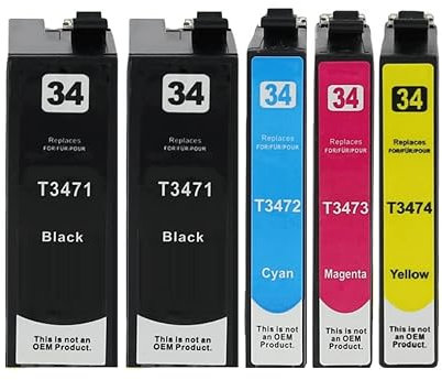 5 kompatible Druckerpatronen T34 XL - 2 x T3471 Black, 1 x T3472 Cyan, 1 x T3473 Magenta, 1 x T3474 Yellow, kompatibel mit Epson Workforce Pro WF-3720DW, WF-3720DWF, WF-3725DWF