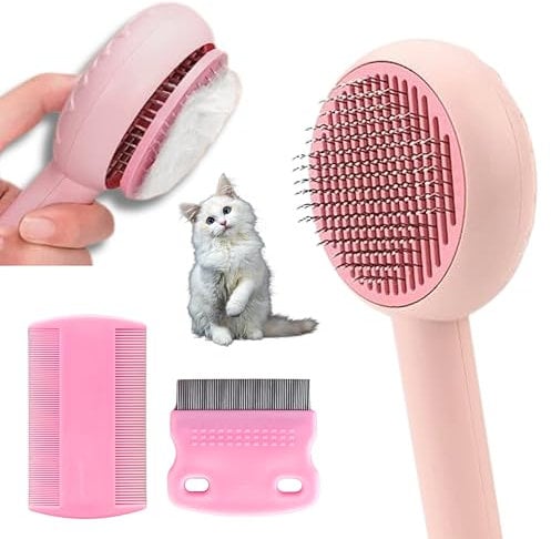 Cat Brush + 2 Flea Combs | Grooming for Short/Long Haired Pets, Hair Remover, Kitten Brush | Massage Function for Small Pets | Self-Cleaning for Shedding to Remove Loose Mats and Tangles