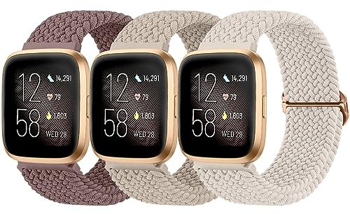 3 Stück Wanme Armband für Fitbit Versa 2/Versa/Versa Lite/Versa SE Armband, Weiches Verstellbares Geflochtenes Ersatzarmband, Elastisches Nylon Armband für Frauen und Männer (Sternenlicht+Milchtee Farbe+Rauchviolett)