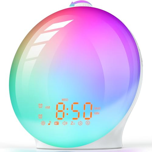wesker Lichtwecker Tageslichtwecker, RGB Wake up Light, Sonnenaufgang Sonnenuntergang Simulation, 2 Alarmen, Schlummerfunktion, 14 Farblicht, 20 Helligkeit, 7 Naturgeräusche&Radio Erwachsene Kinder