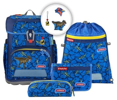 Step by Step Schulranzen-Set Cloud Schleich, Dinosaurs®, Tarbosaurs, 5-teilig, blau, Drache, ergonomischer Tornister mit Reflektoren, höhenverstellbar mit Hüftgurt, ab der 1. bis 4. Klasse, 19l