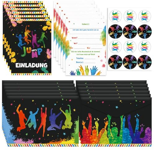 BGTLJKD 12 x Einladungskarten Kindergeburtstag Jump Party mit Umschlag, Jump Party Einladung für Jungen Mädchen Kinder zum Geburtstag und Sport Kinderparty