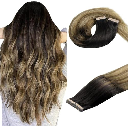 DOORES Tape-In Human Hair Extensions, 9A Grade Remy, 40pcs 100g 16 Inch Straight, Balayage Dark Brown to Chestnut Brown and Dirty Blonde