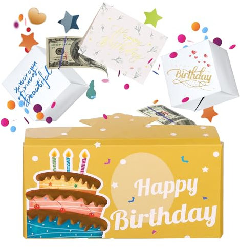 Überraschungskarte, Überraschungskarte Geburtstag mit Konfetti Geschenkbox Gelb Lustig Überraschungsbox Kuchenmuster Geld Geschenk für Jungen Mädchen Männer Frauen Party