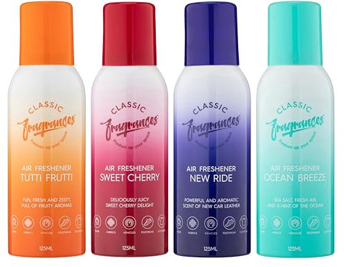 Classic Fragrances 4 Pack Assorted Aromas Bundle - Air Freshener Spray - For Home, Vehicles, Clothes, Fabrics – Long Lasting Smell, Portable Spray Can – Deodorise & Neutralise Odours – 125ml