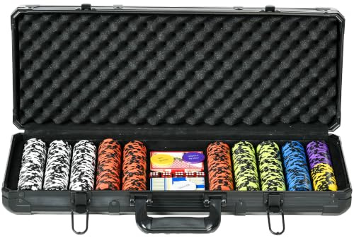 Soozier Poker-Set, 14 Gramm Ton, Aluminiumkoffer, Dealer-Button, 5 Würfel | 6 Stückelungen, 500 Casino-Pokerchips, 2 Kartendecks, für Texas Hold'em