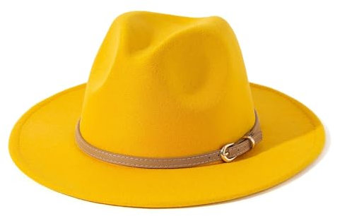 Bywenzai Männer Frauen Filz Top Hüte Fedora Panama Hüte Zylinder Mit Flacher Krempe Damen Französischer Filzhut Warmer Jazzhut Herren M (56-58Cm) Gelber Hut + Heller Khakifarbener Gürtel