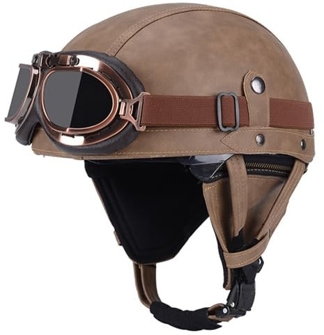 Casco Jet Vintage Omologato ECE Mezzo Pelle Casco Da Motociclista Con Occhiali Casco A Scodella Caschi Cromwell Per Uomo Donna Biker Cruiser Scooter Touring 2,XL:61-62CM