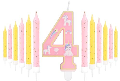 Einhorn-Kerze Zum 4. Geburtstag Für Mädchen - Dekoration Mit Zahl 4 Für Kuchen, Rosa Kuchenaufsatz Und Party-Zubehör
