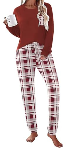 Ekouaer Pyjama Femme Ensemble Carreaux Pantalon Coton Vêtements De Nuit Chaud Pyjama 2 Pièces Poche Élastique Manches Longues, Bordeaux, XXL