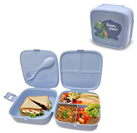 Vanorell Brotdose Dinosaurier Dino Kinder mit 4 Fächern Lunchbox für Kinder Bento Box mit Besteckset, Lunch Box für Kindergarten, Schule, Picknick, Ausflüge