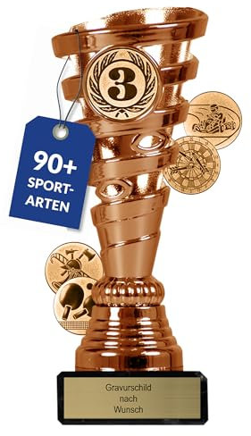 pokal-fabrik.de - Pokal mit Gravur Wunschtext in bronze - personalisierte Auszeichnung und Sport Emblem nach Wahl - 15 cm inkl. Marmorsockel - Geschenk-Trophäe