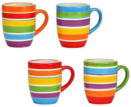 Set de 4 Tazas de Cerámica de Colores - Kit para Café Largo, Capuccino o Té | Cerámica con Decoraciones Esmaltadas en Colores Cálidos y Alegres | Juego de Bebidas Calientes - 4 x 350 ml