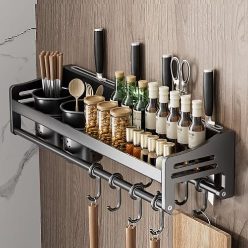 Tielag Gewürzregal Wand, Küchenregal Hängend Ohne Bohren, Wandregal Küche, 50×13.4×12CM Gewürz Organizer Metall, Gewürzhalter mit Haken und 2 Utensilienhalter, Handtuchhalter, Messerhalter, Grau